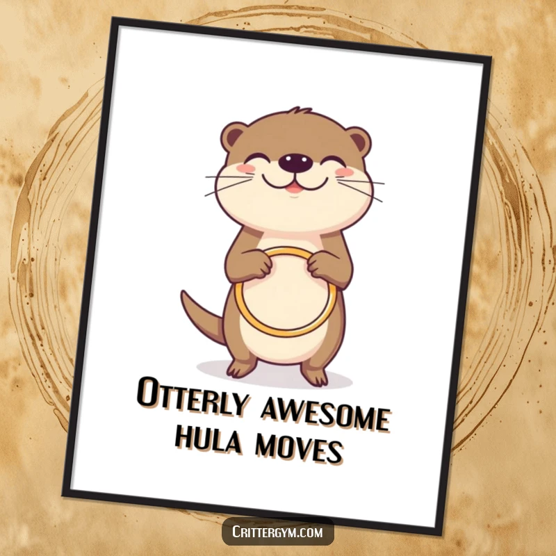 Funny Free Printable Wall Art: Grinning otter joyfully spins a tiny hula hoop, a cheerful and aquatic scene.