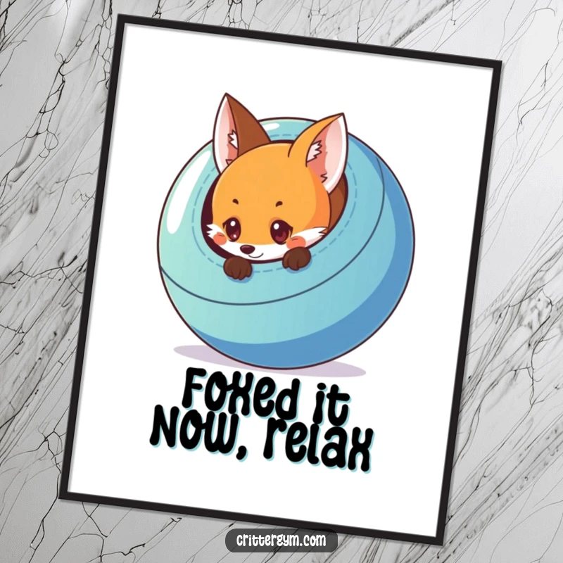 Funny Free Printable Wall Art: A curious fox character peeks out from behind a large, colorful exercise ball.
