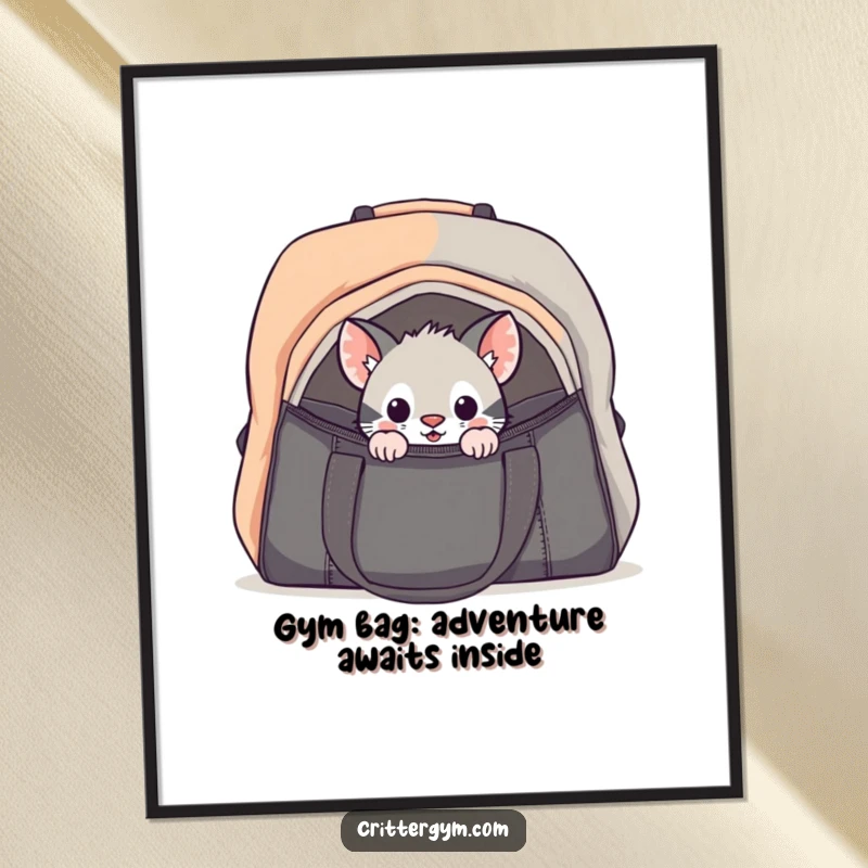 Funny Free Printable Wall Art: Adorable curious critter cautiously peering into a large gym bag, evoking a sense of playful mystery.