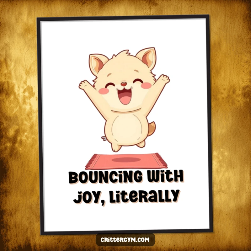 Funny Free Printable Wall Art: A fluffy animal character beaming with joy while enthusiastically bouncing on a miniature yoga mat.