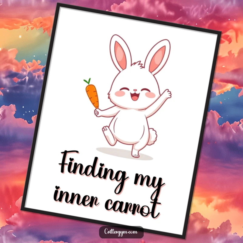 Funny Free Printable Wall Art: A fluffy bunny gracefully balancing in a yoga pose with a tiny carrot, adding humor.