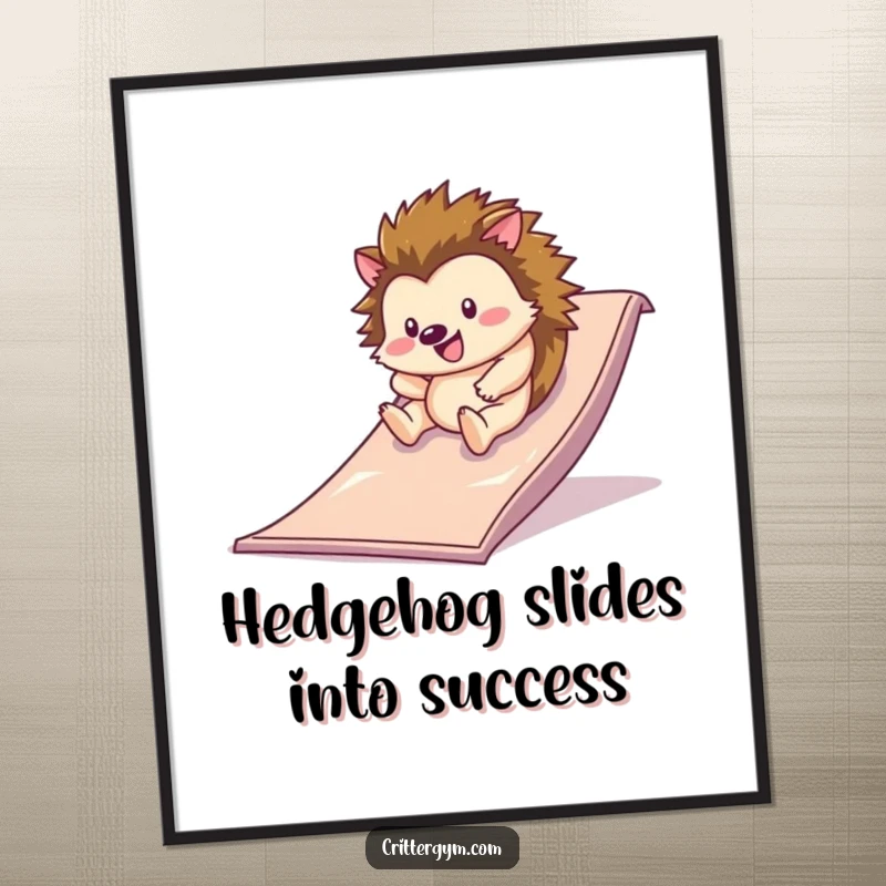 Funny Free Printable Wall Art: A happy hedgehog comically rolling down a slide on a gym mat, radiating pure joy and playful energy.