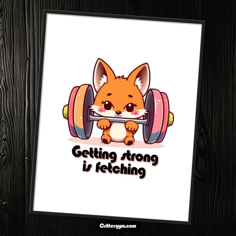Funny Free Printable Fox Wall Art: A curious fox peeps from behind a giant barbell, adding quirky humor to your wall.