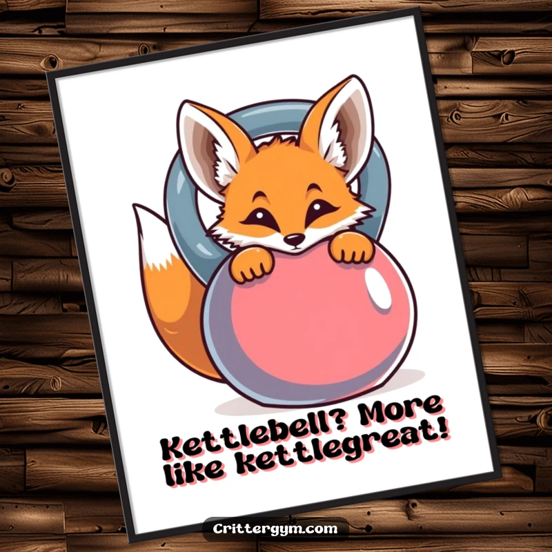 Funny Free Printable Wall Art: A curious fox peeks playfully from behind a large, colorful kettlebell. Quirky decor.
