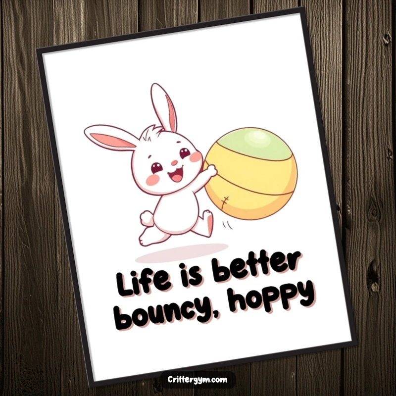Funny Free Printable Wall Art: A smiling bunny character energetically chasing a large, bouncing yoga ball, full of playful movement.