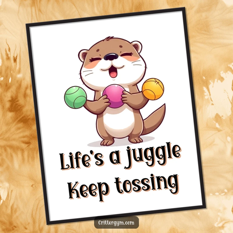 Funny Free Printable Wall Art: A cheerful otter with a sly wink juggles three vibrant exercise balls in a playful display.