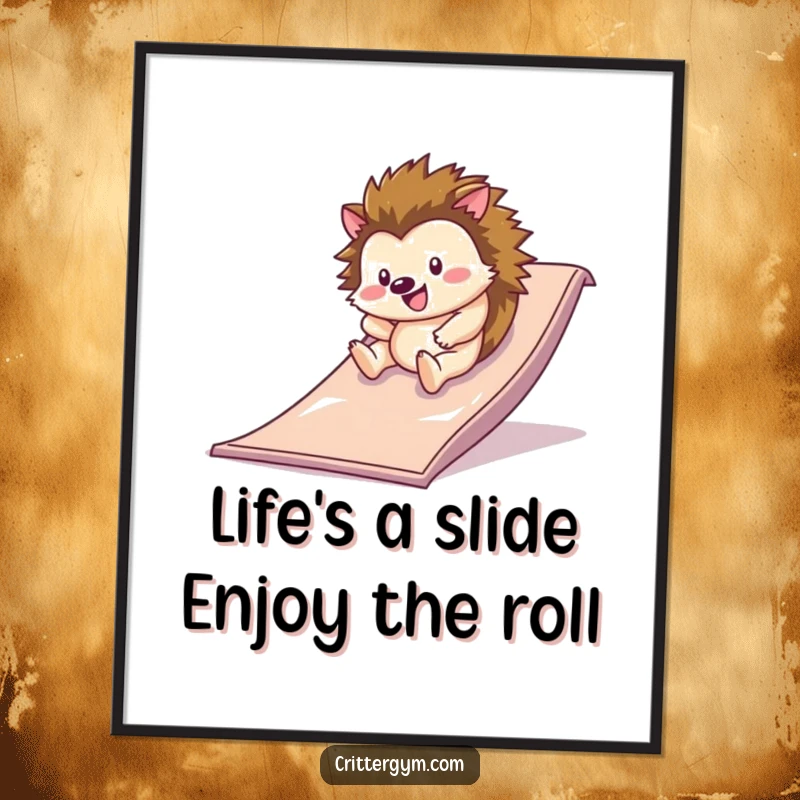 Funny Free Printable Wall Art: A happy hedgehog gleefully rolls down a slippery slide on a gym mat, pure joy on its face.