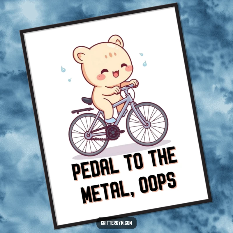Funny Free Printable Wall Art: A cute creature gleefully pedaling a minuscule stationary bicycle, with sweat droplets flying from the intense effort.