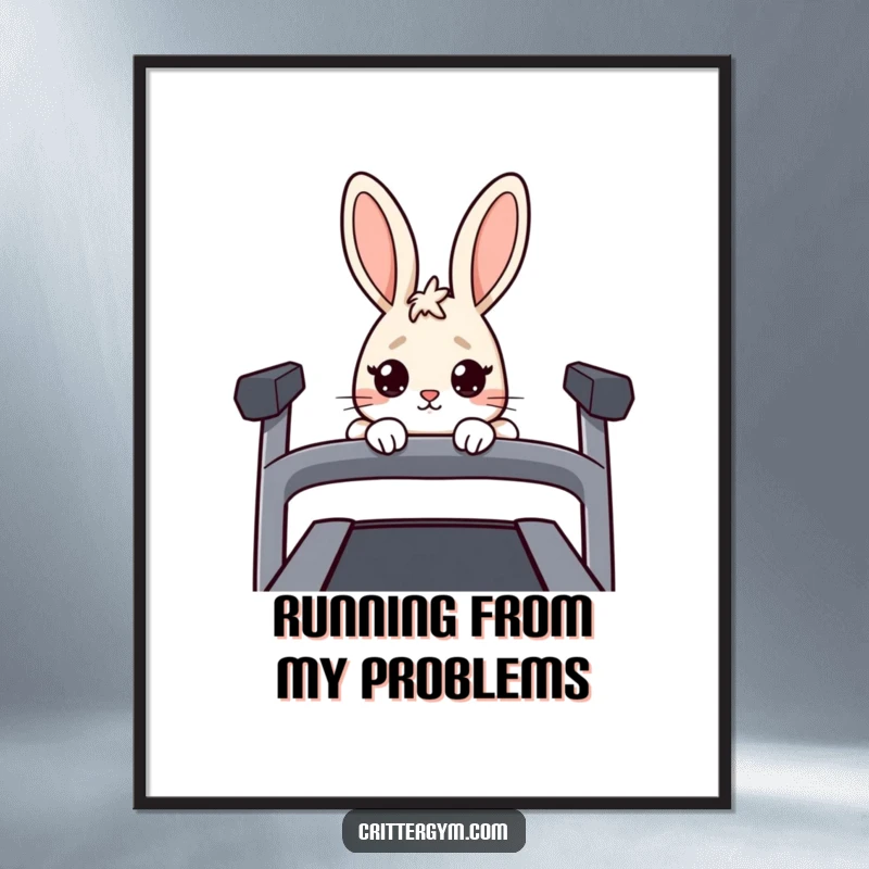 Funny Free Printable Wall Art: A nervous rabbit with wide eyes peeking over the edge of a treadmill, appearing highly apprehensive.