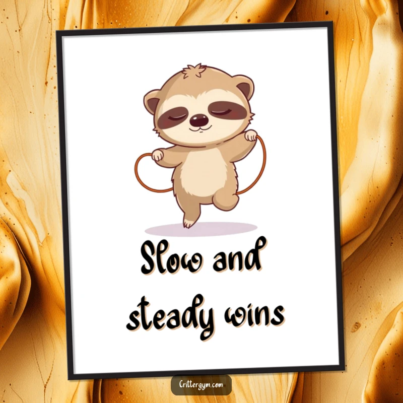 Funny Free Printable Sloth Wall Art shows a sleepy sloth hilariously attempting a very slow jump rope, perfect for humorous decor.