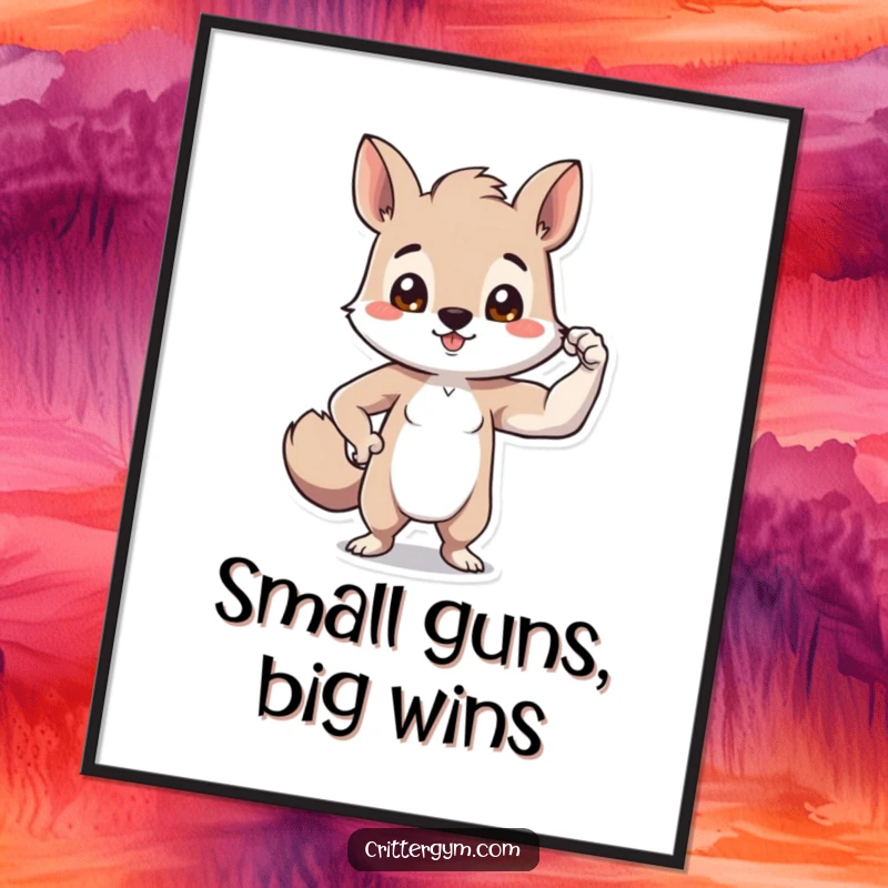 Funny Free Printable Wall Art: Cute tiny animal character proudly flexing a comically little bicep, radiating confidence and charm.