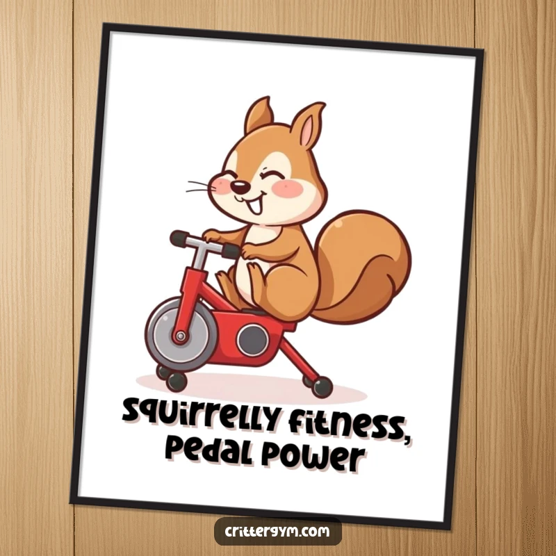 Funny Free Printable Wall Art: A cheerful squirrel performing a leg kick on a tiny red exercise bike in this humorous illustration.