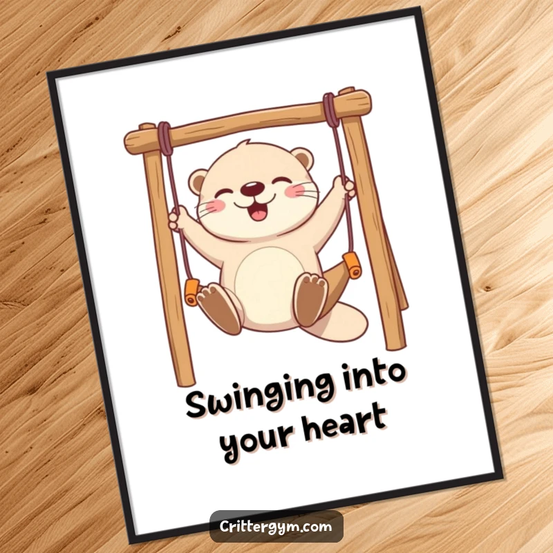 Funny Free Printable Wall Art: A cheerful otter swings wildly on a monkey bar, a picture of pure, unadulterated fun.