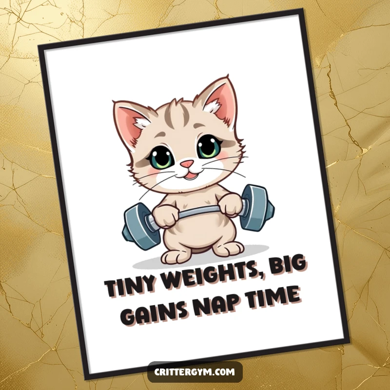 Funny Free Printable Wall Art: A proud kitten strikes a strong pose, flexing after successfully lifting tiny weights.