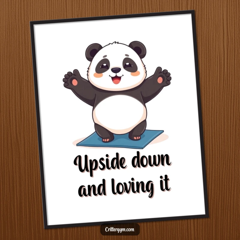 Funny Free Printable Wall Art: Chubby panda joyfully performs a headstand on a yoga mat, bringing zen humor.