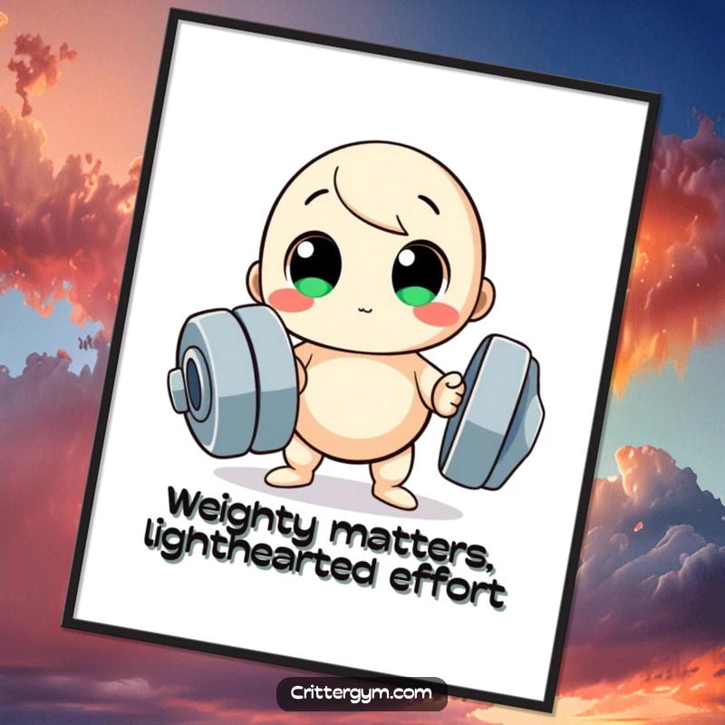 Funny Free Printable Wall Art: A small, round character with massive eyes strains to lift an excessively large dumbbell in this funny illustration.