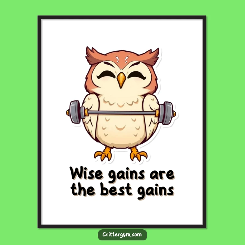 Funny Free Printable Wall Art: Adorable Owl Balancing Tiny Barbell on Beak