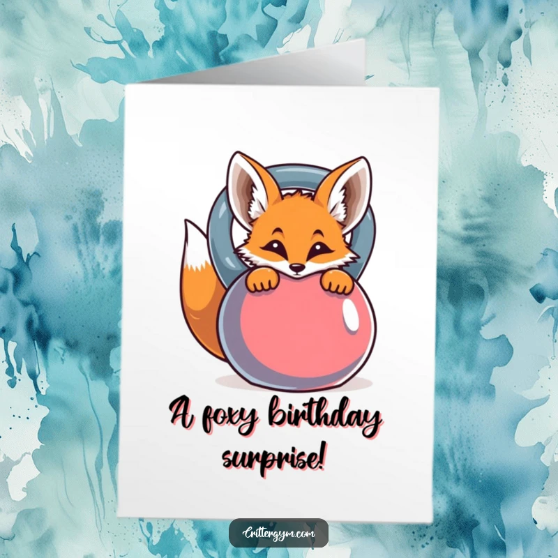 Funny Free Printable Birthday Card: A curious fox peeks from behind a vibrant kettlebell, wishing a happy birthday.