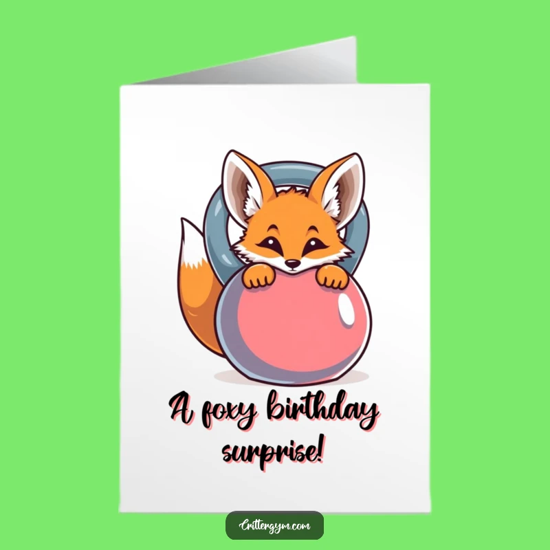 Funny Free Printable Birthday Card: Curious Fox, Kettlebell Surprise, Fitness Fun!