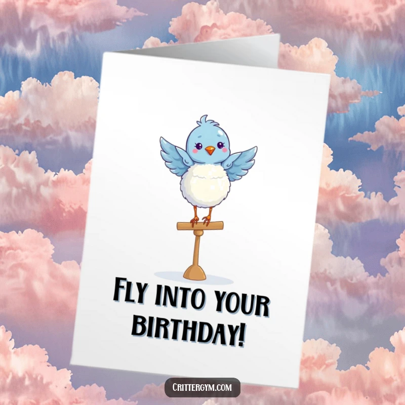 Funny Free Printable Birthday Card: Blue bird in a perfect ballet pose on a balance beam, graceful wishes.