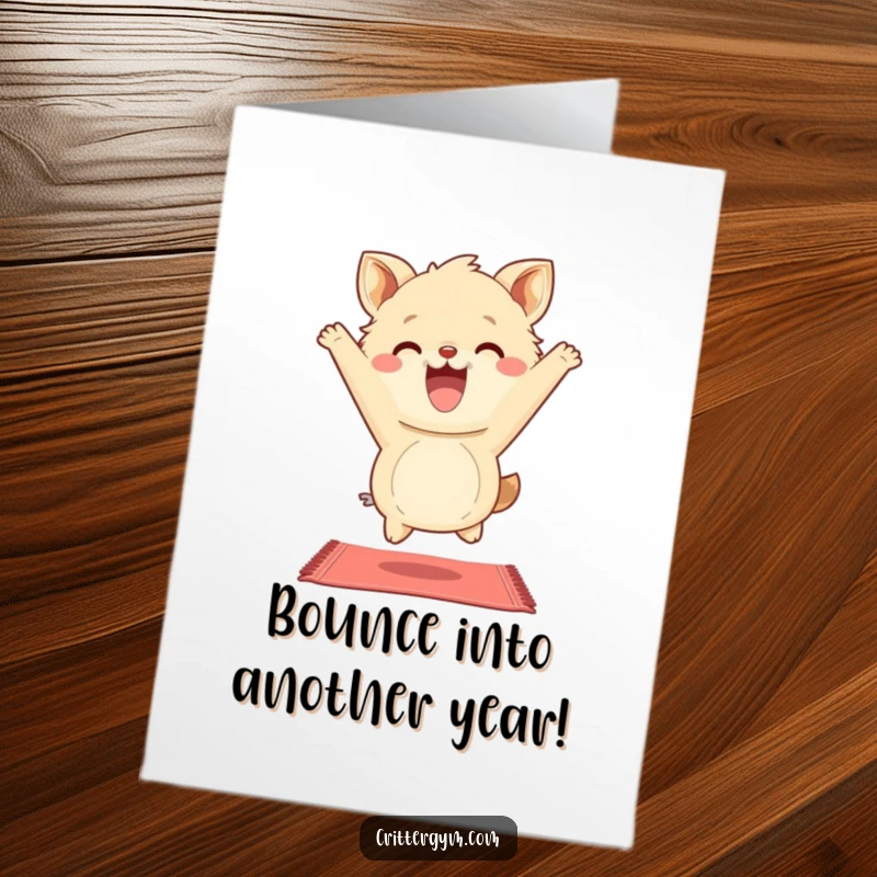 Funny Free Printable Birthday Card: A fluffy animal character bouncing with extreme enthusiasm on a tiny yoga mat, grinning widely.