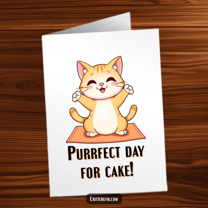 Funny Free Printable Birthday Card: Cheerful cat doing a playful yoga stretch on a mat, ready to celebrate.
