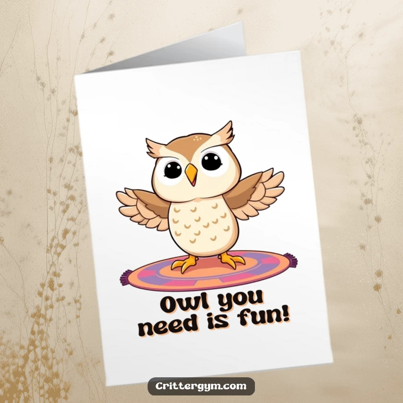Funny Free Printable Birthday Card: Owl joyfully attempting the splits on a colorful mat, humorous cartoon.