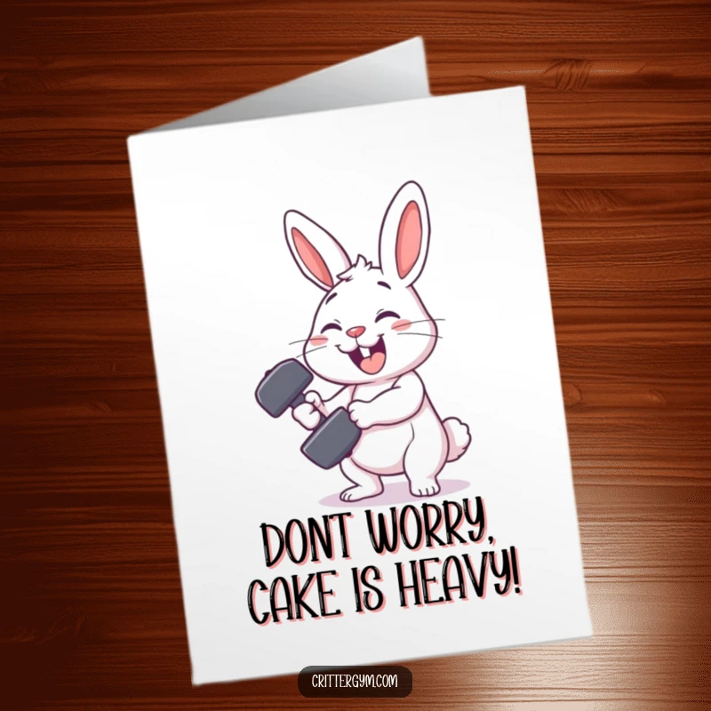 Funny Free Printable Birthday Card: A smiling rabbit comically struggles and fails to lift a ridiculously tiny dumbbell.