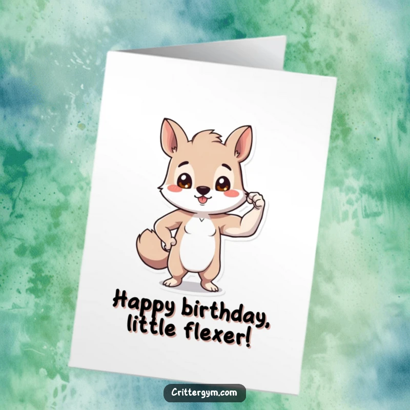 Funny Free Printable Birthday Card: Tiny animal character proudly showing off a comically small bicep with a confident smirk.