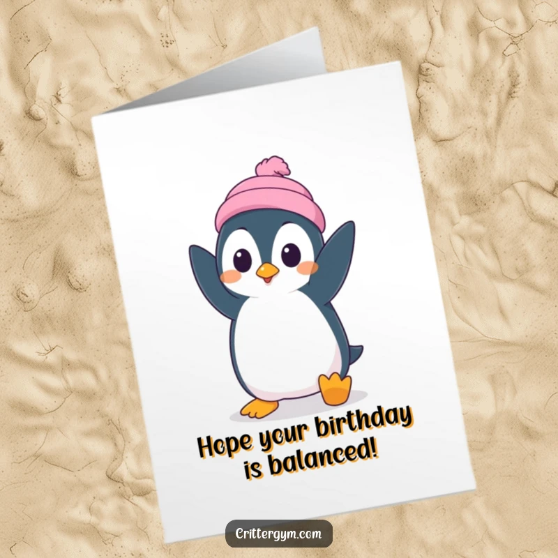 Funny Free Printable Birthday Card: A penguin wobbles mid-handstand, eyes wide with surprised concentration, ready to tumble.
