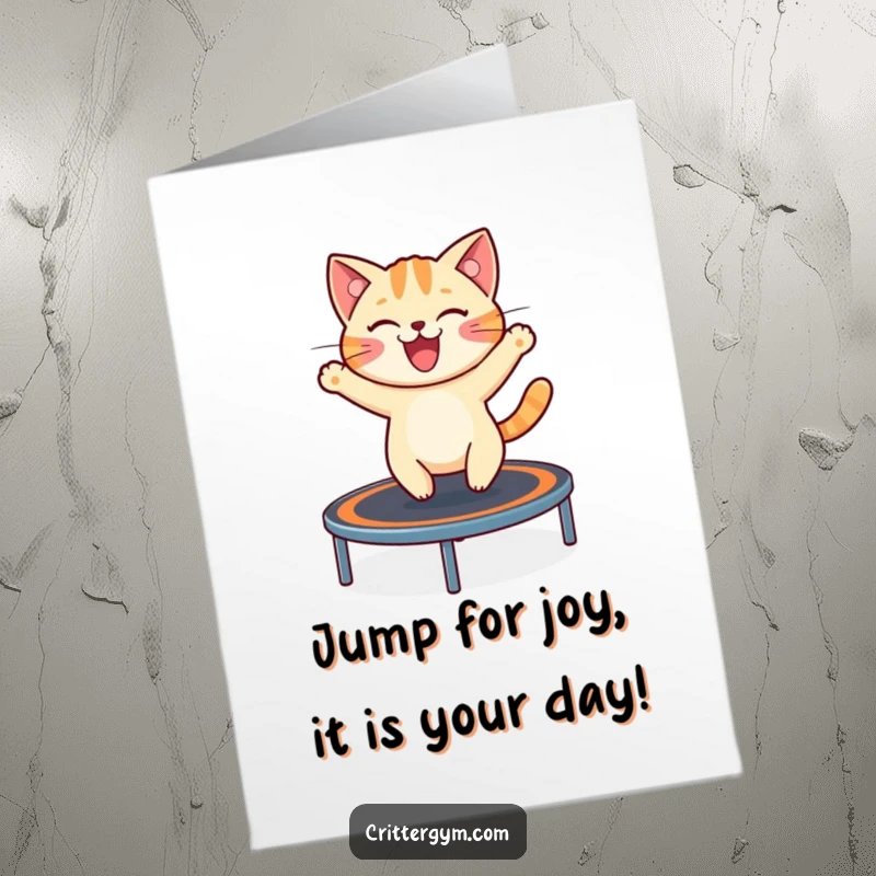 Funny free printable birthday card featuring a cheerful cat excitedly bouncing high on a miniature trampoline.