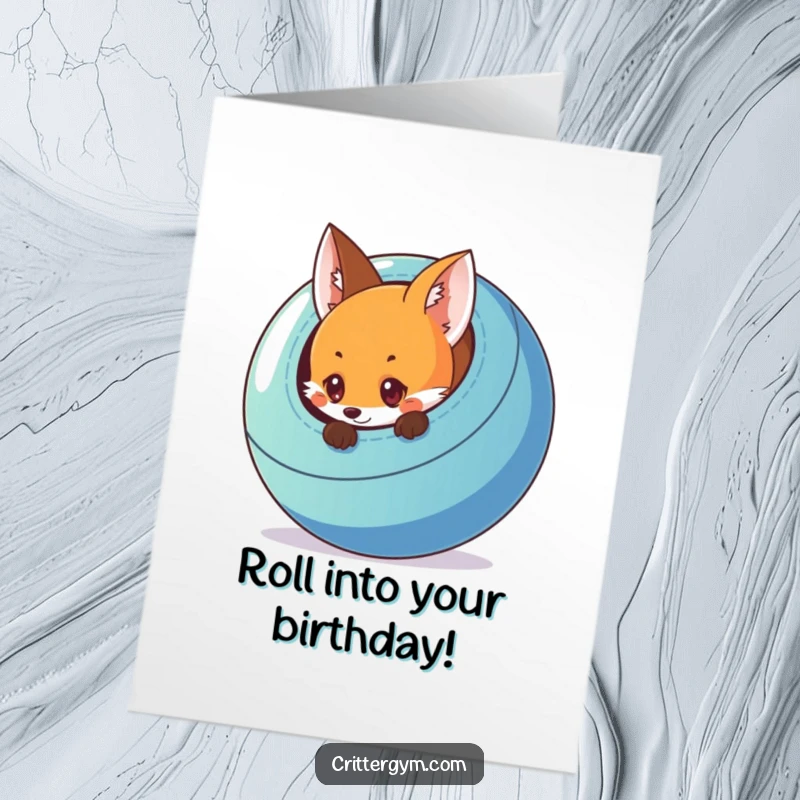 Funny Free Printable Birthday Card: A curious fox peeks from behind a large, colorful exercise ball.