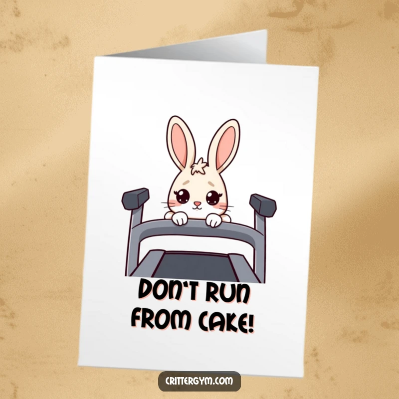 Funny Free Printable Birthday Card: A nervous rabbit with wide eyes peeking cautiously over the edge of a treadmill, looking apprehensive.