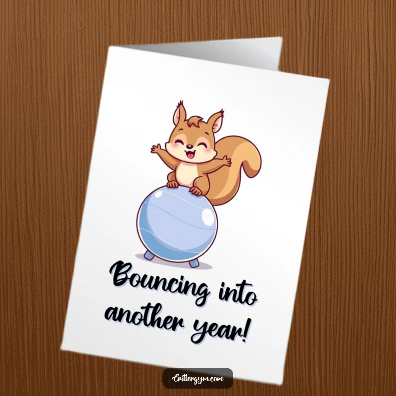 Funny Free Printable Squirrel Birthday Card: A happy squirrel balances comically on a bouncing ball for a birthday wish.