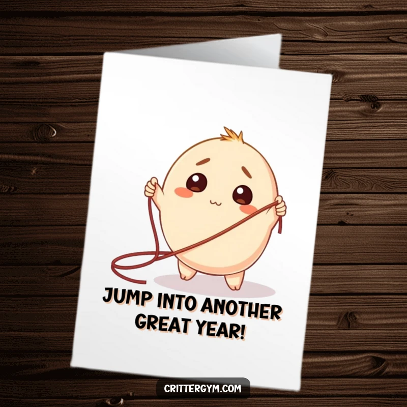 Funny Free Printable Birthday Card: A round creature looks bewildered trying to jump a giant jump rope.