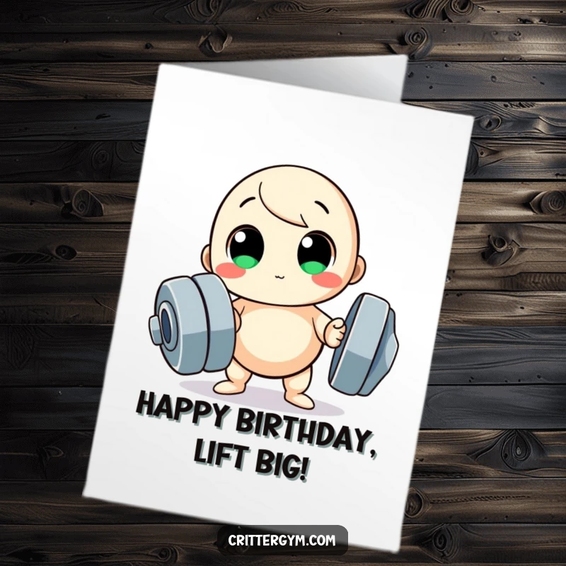 Funny Free Printable Birthday Card: Small round character with large eyes struggles to lift a very large dumbbell.