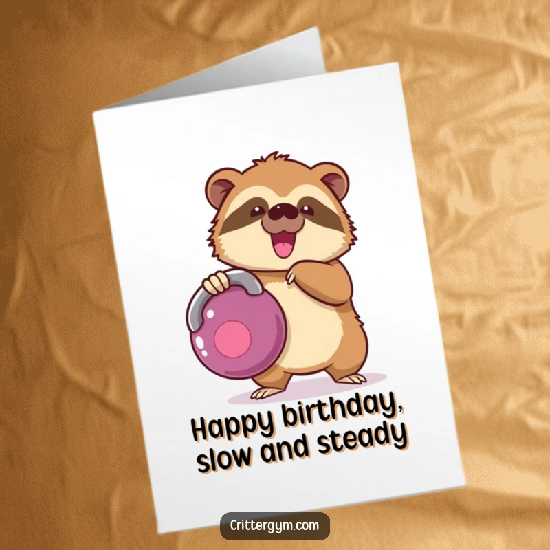 Funny Free Printable Birthday Card: A Kawaii sloth character comically struggling under the weight of a huge kettlebell, a humorous wish.