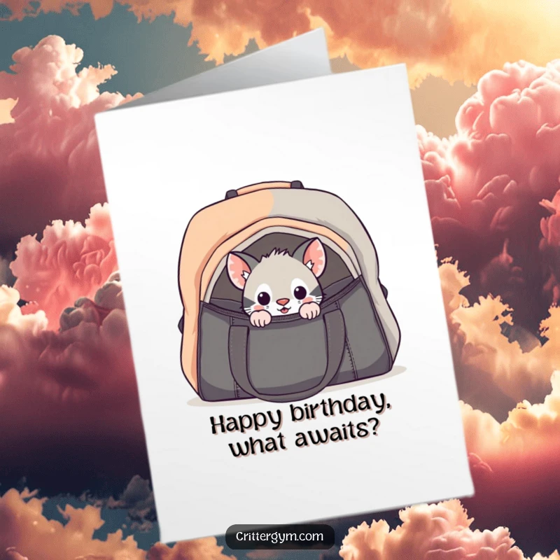 Funny Free Printable Birthday Card: Curious critter cautiously peeking into a large, open gym bag, full of wonder.