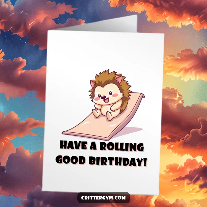 Funny Free Printable Birthday Card: A happy hedgehog gleefully rolls down a slippery slide on a gym mat, spines trailing.