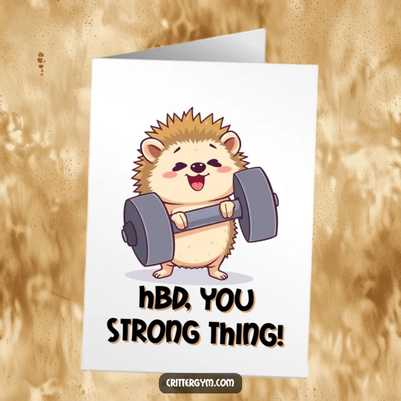 Funny Free Printable Birthday Card: A determined tiny hedgehog strains happily to lift a huge dumbbell, celebrating effort.