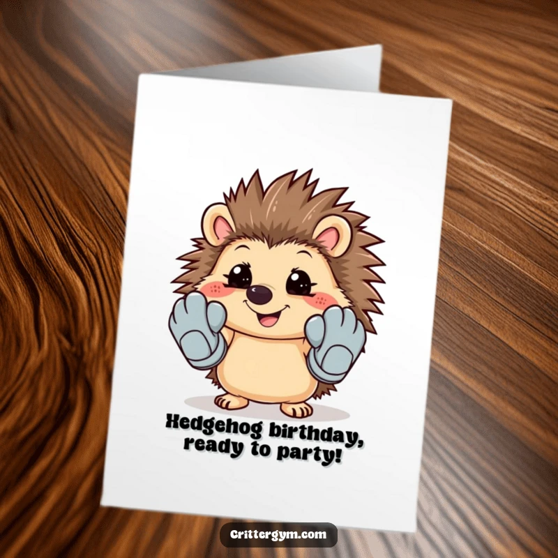 Funny Free Printable Birthday Card: A smiling hedgehog wears oversized cartoon workout gloves, ready for birthday gains.