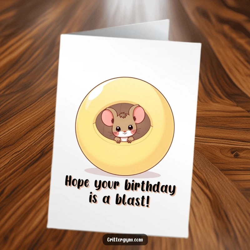 Funny Free Printable Birthday Card: A curious mouse peeks out from a large, sadly deflated exercise ball with wide eyes.