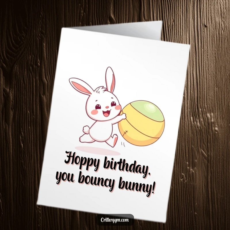 Funny Free Printable Birthday Card: A smiling bunny character enthusiastically chasing a large, bouncing yoga ball, full of energy.