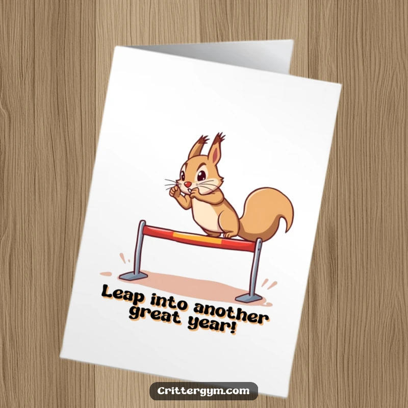 Funny Free Printable Birthday Card: Determined squirrel executes a dramatic leap over a tiny hurdle, celebrating their special day.