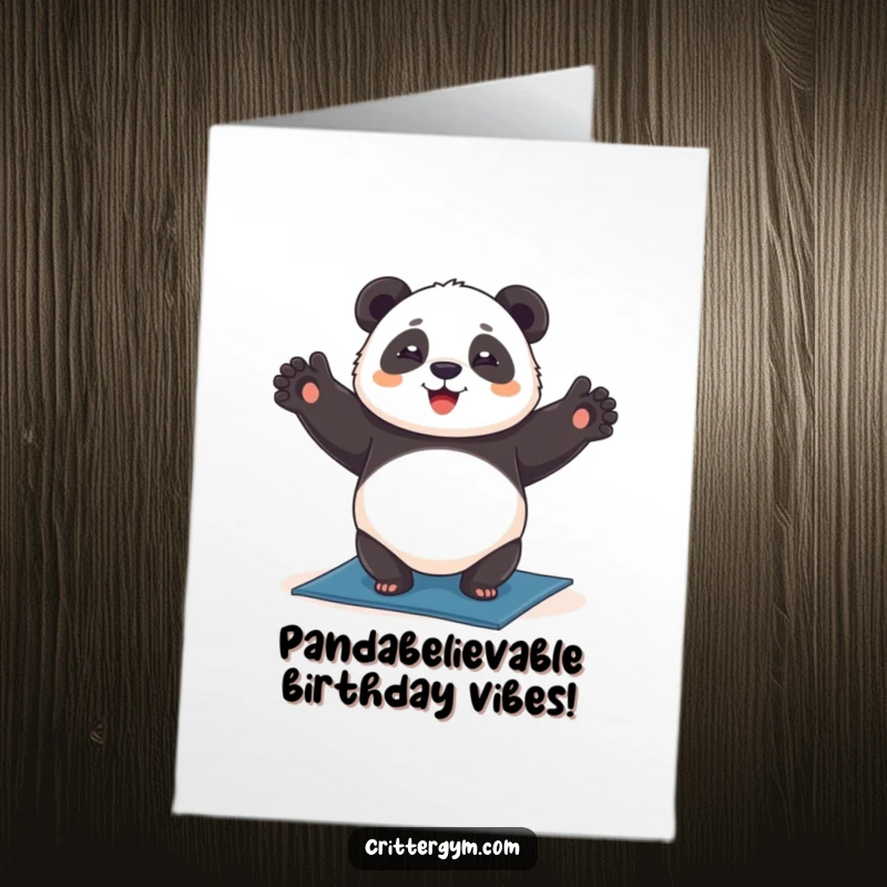 Funny Free Printable Birthday Card: Chubby panda happily balances in a headstand pose on a yoga mat, celebrating.