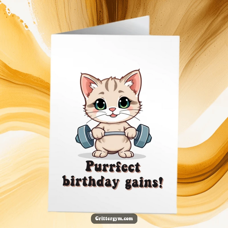 Funny Free Printable Birthday Card: A proud kitten strikes a triumphant pose after lifting tiny weights, flexing tiny muscles.