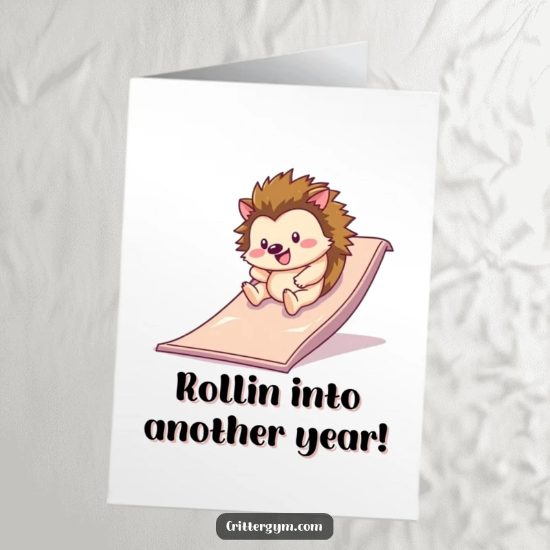 Funny Free Printable Birthday Card: A happy hedgehog rolling down a slide on a gym mat, showing pure joy and excitement.