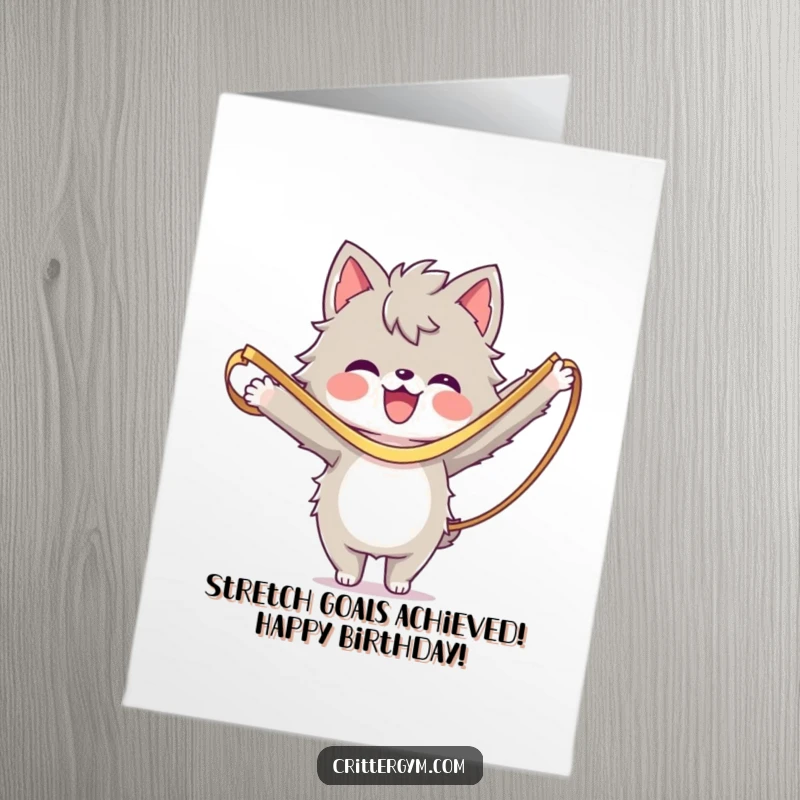 Funny Free Printable Birthday Card: A furry friend gleefully stretches with a resistance band, a comical fitness attempt.