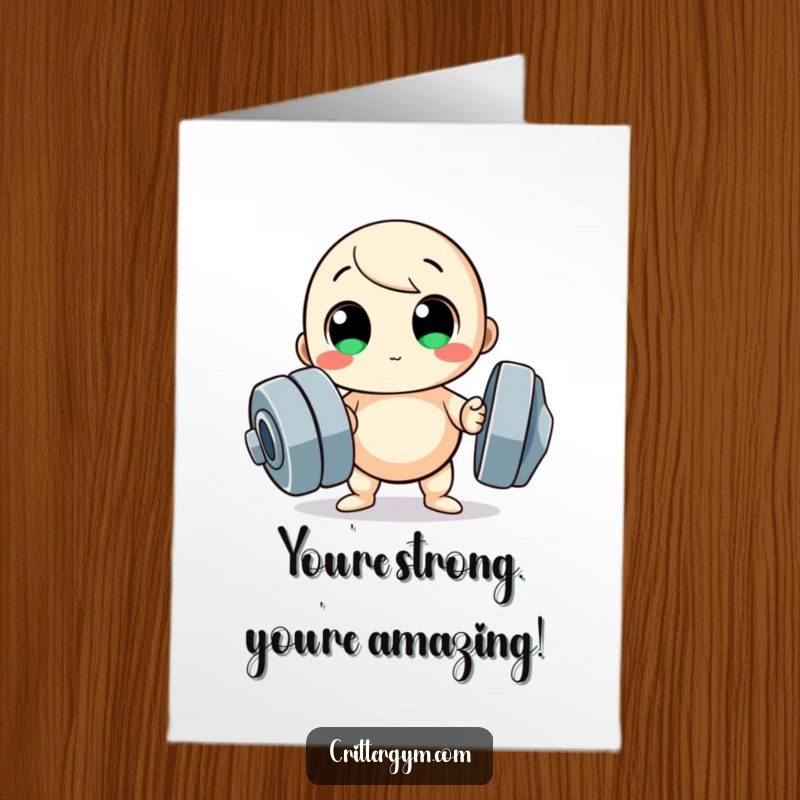 Funny Free Printable Congrats Card: Big-eyed round character strains to lift an enormous dumbbell, showing effort and triumph.