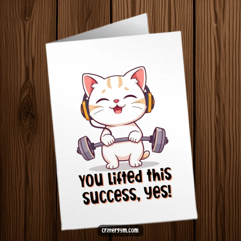 Funny Free Printable Congratulations Card: Giggling cat in headphones lifts tiny barbell, celebrating success.